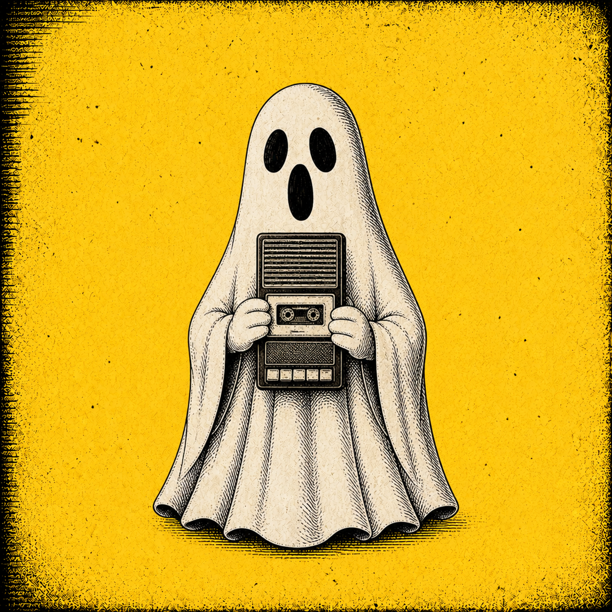A ghost holding a tape recorder
